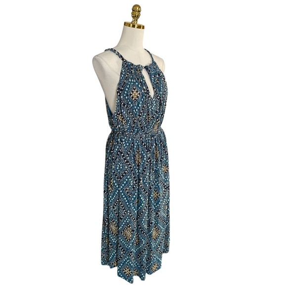 Lucky Brand Women’s Large Halter Boho Teal Blue Diamond Pattern Midi Dress - Picture 3 of 8